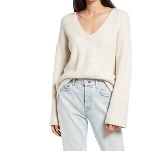 Treasure & Bond Womens V-Neck Rib Stitch Sweater in Beige Oatmeal Small MSRP $69